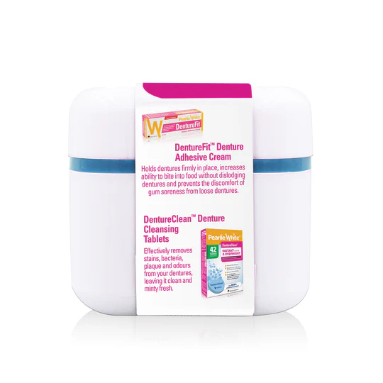 DentureFit denture adhesive cream and cleansing tablets in a compact container, designed for secure denture wear and cleaning.