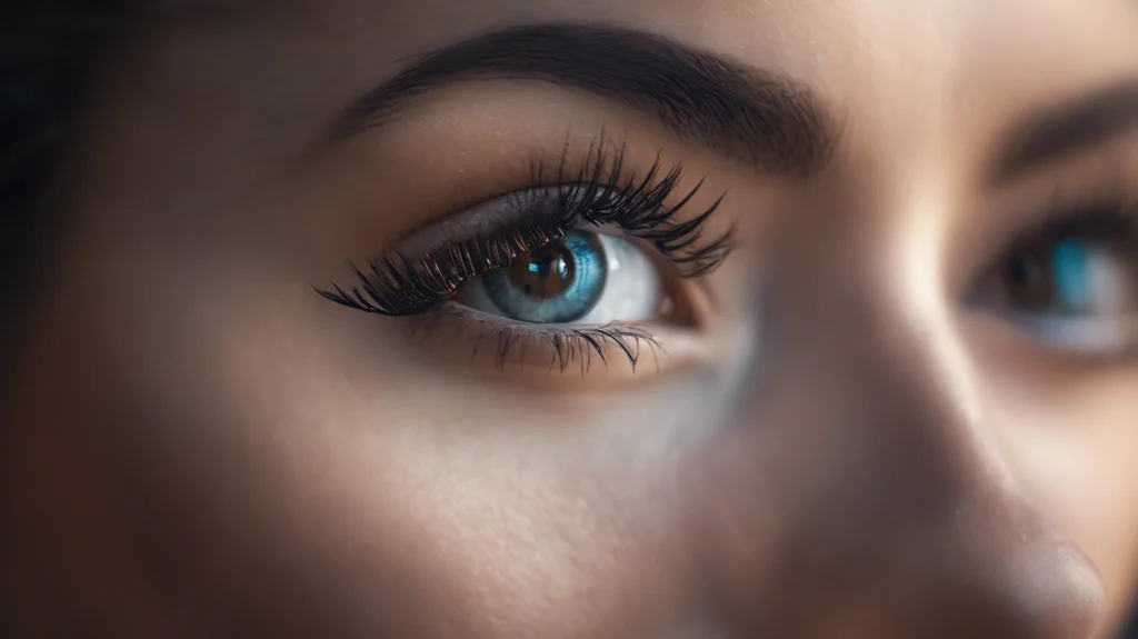 Detailed close-up of a woman's eye showcasing long eyelashes and vibrant blue iris, highlighting eye makeup and natural beauty.