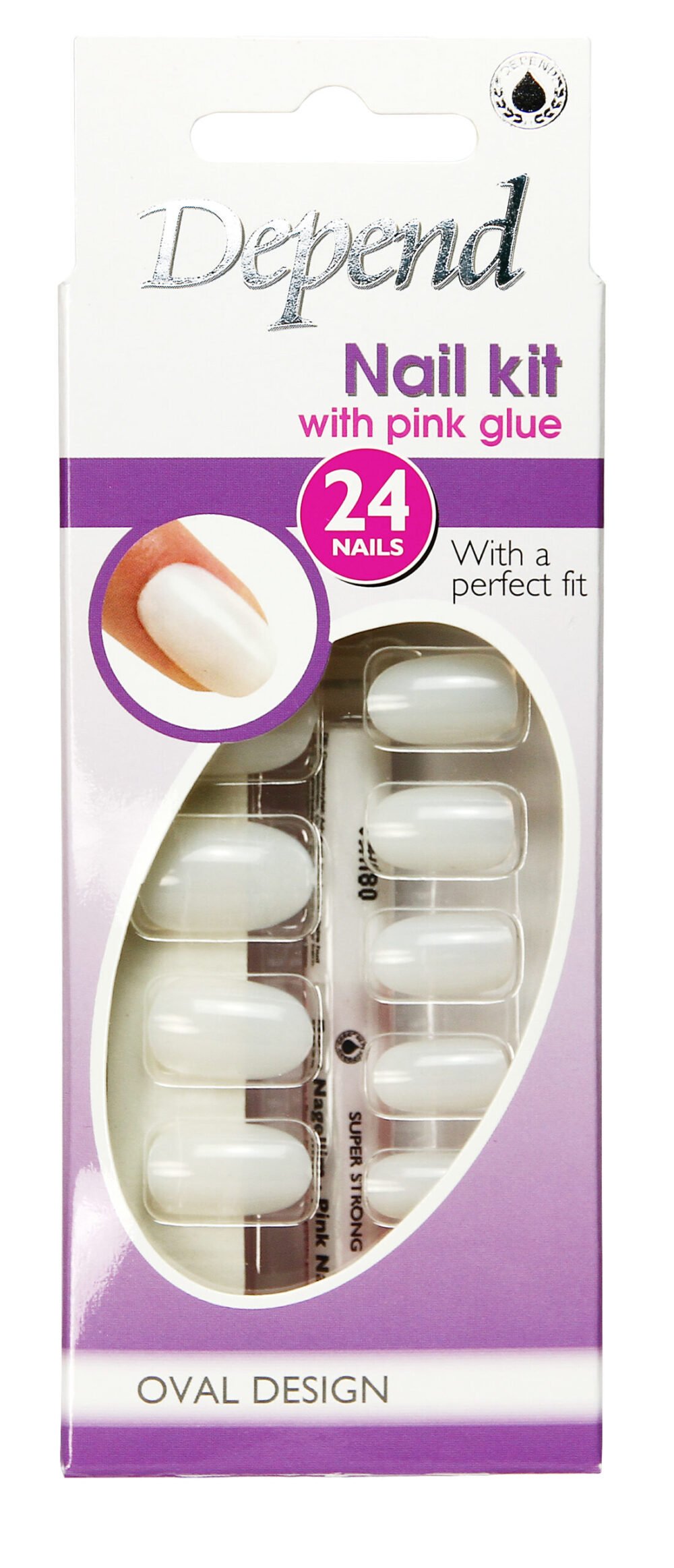 Depend nail kit featuring 24 oval design nails with pink glue for a perfect fit, ideal for at-home manicures and nail art.