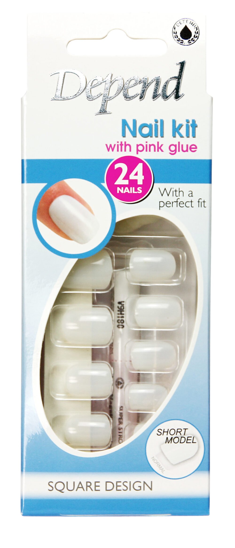 Depend nail kit featuring 24 short square nails and pink glue for easy application and a perfect fit.