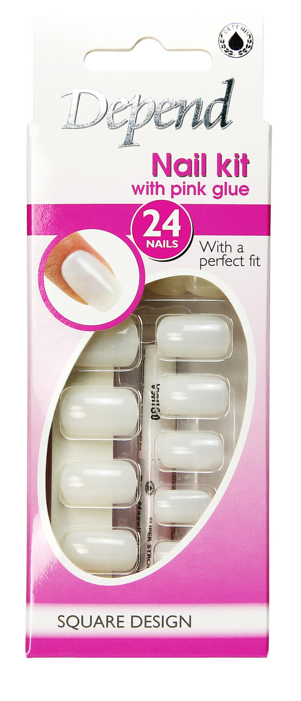 Depend nail kit featuring 24 square design nails and pink glue for easy application and a perfect fit.