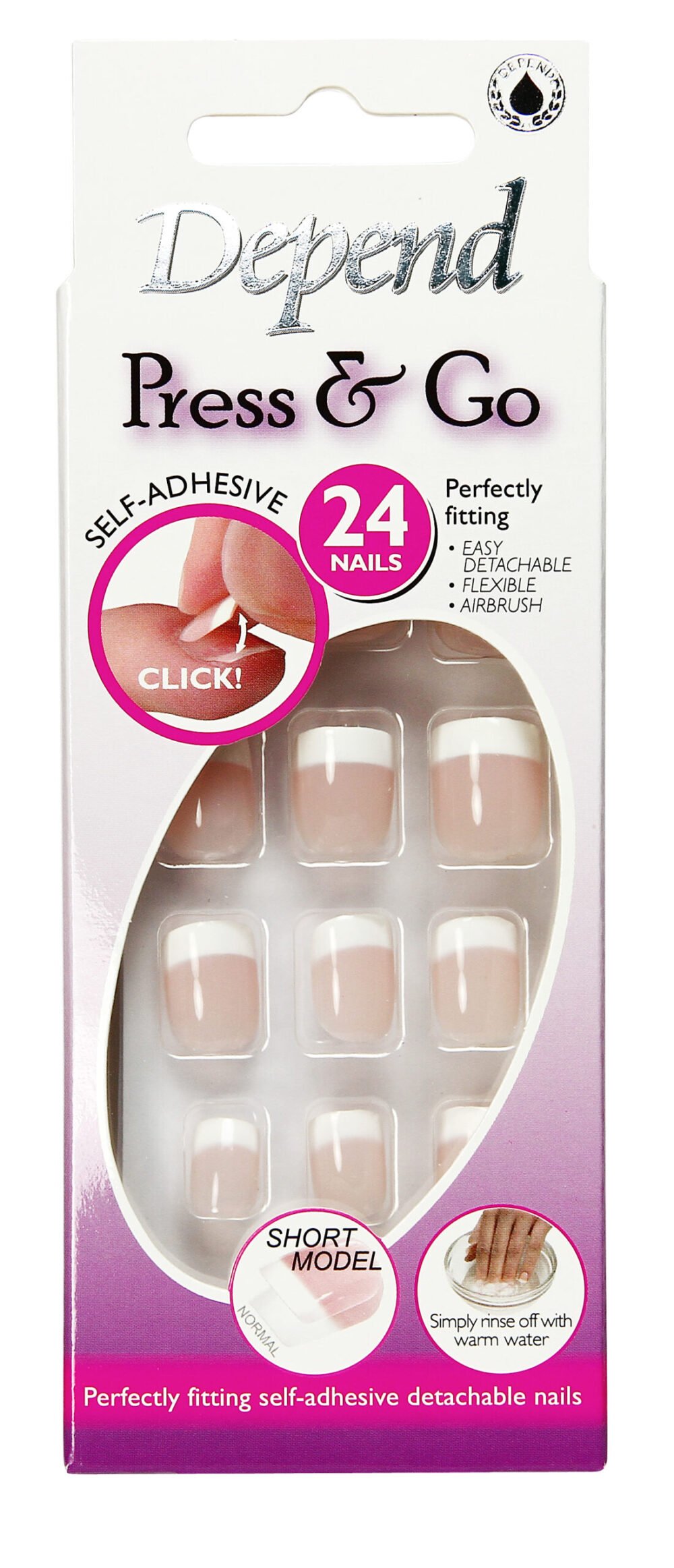 Depend Press & Go self-adhesive nails in a pack, featuring 24 short model nails for easy application and removal.