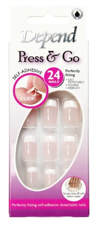 Depend Press & Go self-adhesive nails pack containing 24 flexible and easy-to-apply false nails for a perfect fit.