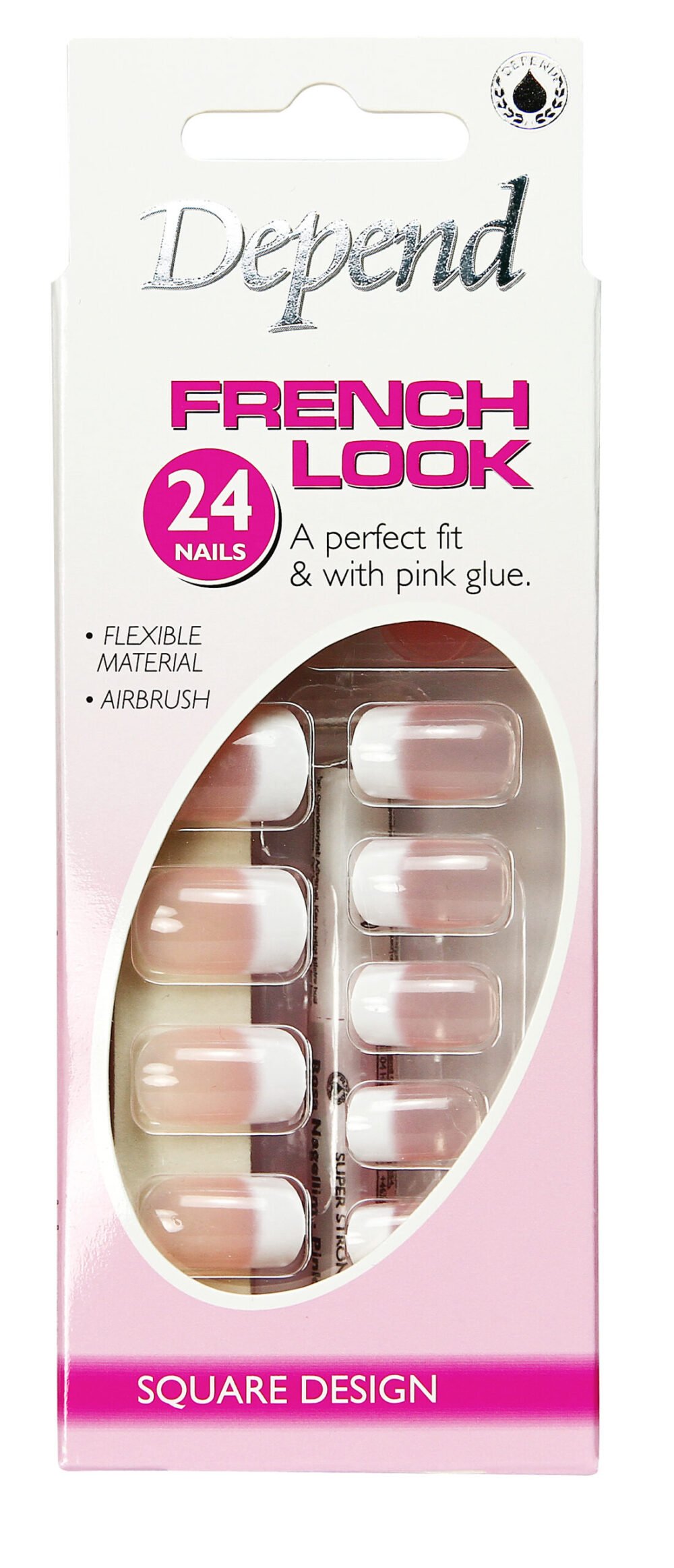 Depend French Look square design false nails with pink glue, featuring 24 flexible airbrush nails for a perfect fit.