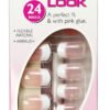 Depend French Look square design false nails with pink glue, featuring 24 flexible airbrush nails for a perfect fit.