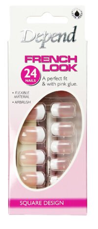 Depend French Look square design false nails with pink glue, featuring 24 flexible airbrush nails for a perfect fit.