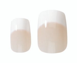 A set of two nail tips showcasing a natural finish with a white tip and a soft pink base, ideal for nail art and extensions.