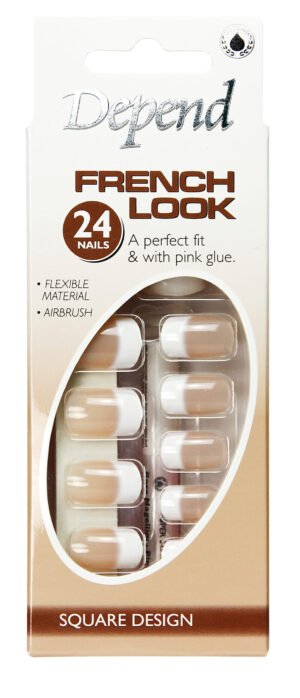 Depend French Look Square Design Nails with 24 pieces, flexible material, and pink glue for easy application.