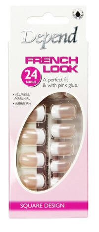 Depend French Look Square Design Nails kit with 24 flexible nails and pink glue for easy application and a perfect fit.