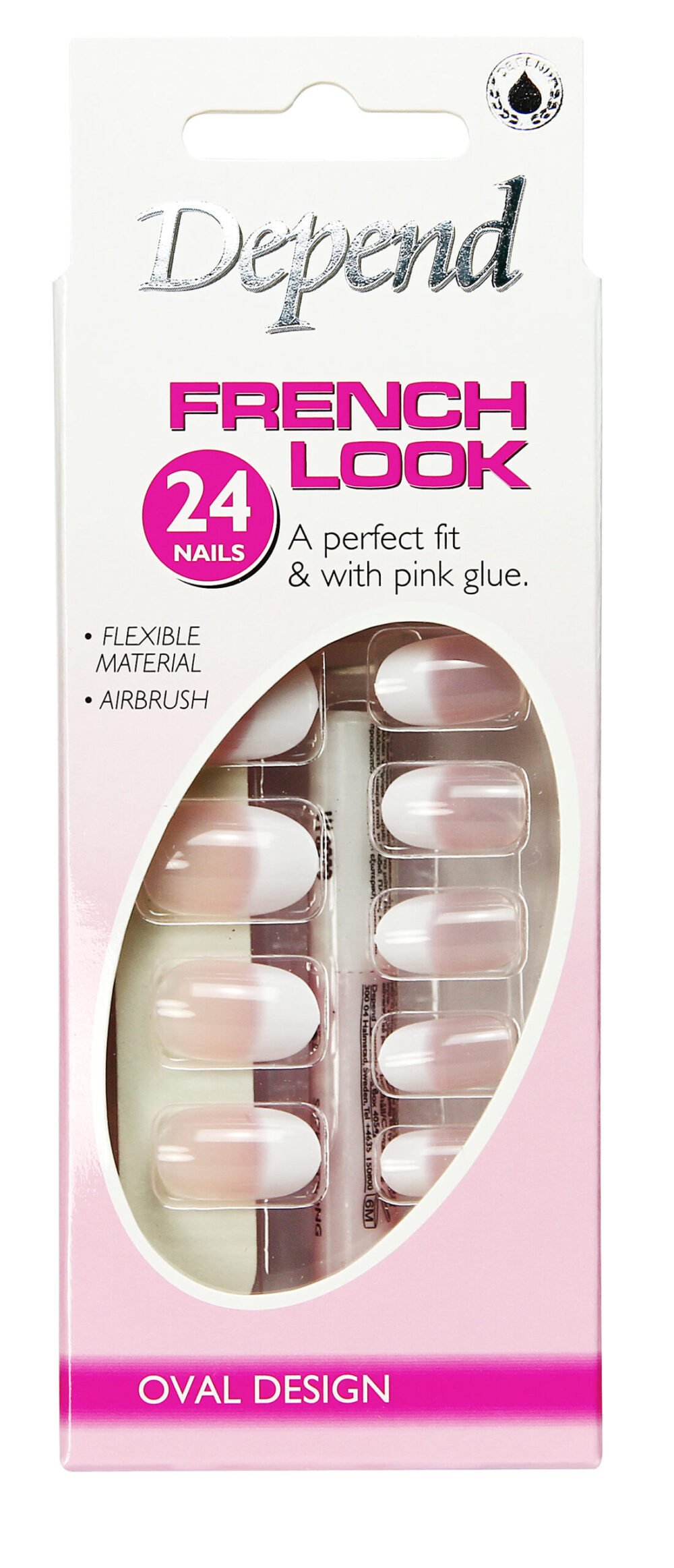 Depend French Look oval nails pack with 24 flexible nails and pink glue for easy application.