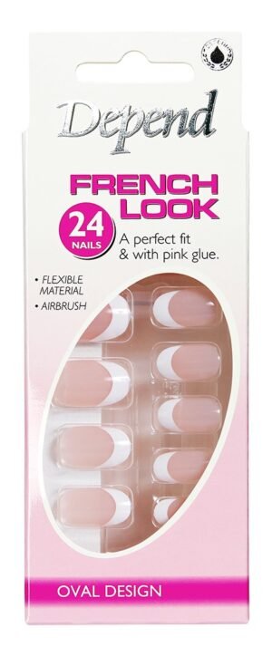 Depend French Look oval nails pack with 24 flexible nails and pink glue for easy application.