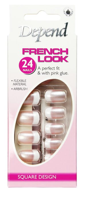 Depend French Look Square Nails pack with 24 flexible nails and pink glue for easy application and a natural look.