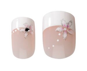 Nail art featuring a floral design with gems on a pink background, showcasing elegant nail enhancements for stylish looks.