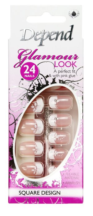 Depend Glamour Look square design false nails with pink glue, 24 pieces, perfect fit for stylish nail enhancement.