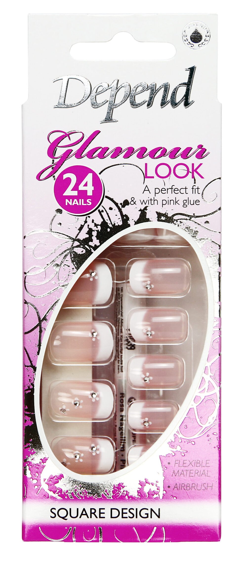 Depend Glamour Look square nails set with pink glue, featuring 24 flexible material nails for a perfect fit.