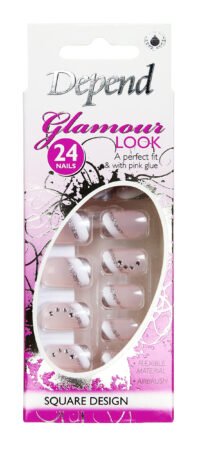 Depend Glamour Look square design nail set with 24 nails and pink glue for easy application, featuring decorative rhinestones.