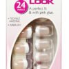 Depend French Look Short Square Nails set with 24 flexible nails and pink glue for a perfect fit, ideal for a stylish manicure.