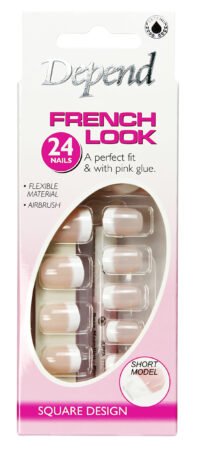 Depend French Look Short Square Nails set with 24 flexible nails and pink glue for a perfect fit, ideal for a stylish manicure.