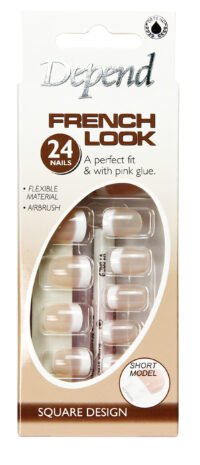 Depend French Look short model nails with flexible material and pink glue, packaged in a clear display for easy viewing.