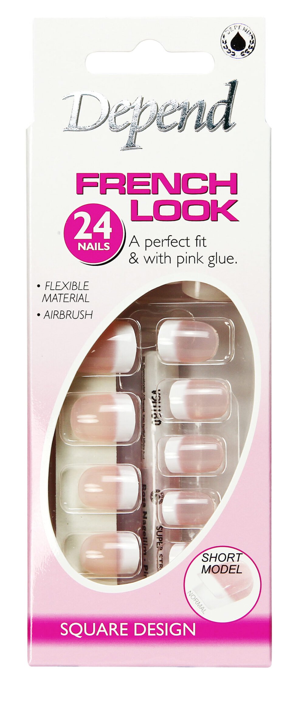 Depend French Look short model nails with 24 pieces, flexible material, and pink glue for easy application.