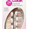 Depend French Look short model nails with 24 pieces, flexible material, and pink glue for easy application.