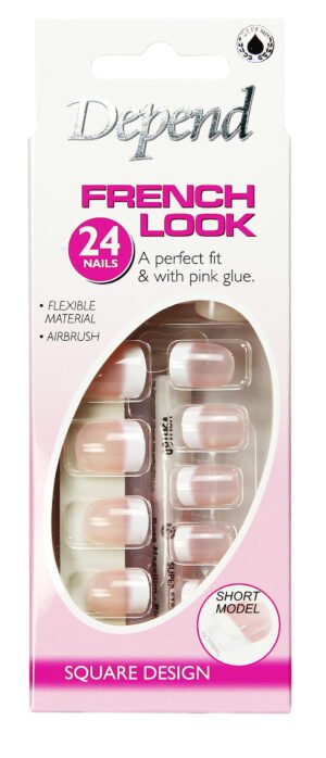 Depend French Look short model nails with 24 pieces, flexible material, and pink glue for easy application.