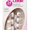 Depend French Look short model nails in a 24 pack, featuring flexible material and pink glue for easy application.