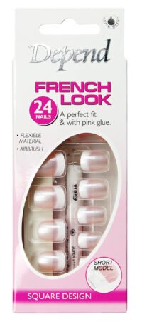 Depend French Look short model nails in a 24 pack, featuring flexible material and pink glue for easy application.