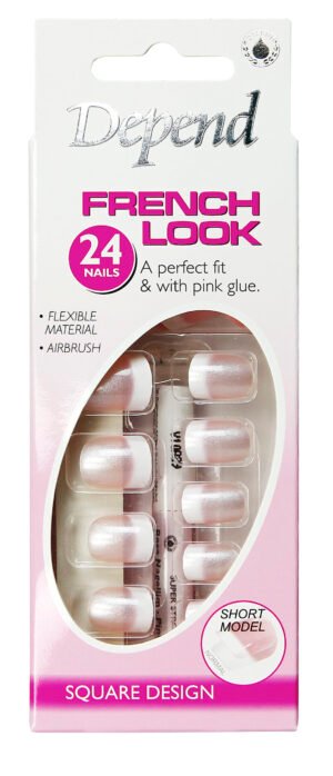 Depend French Look short model nails in a 24 pack, featuring flexible material and pink glue for easy application.