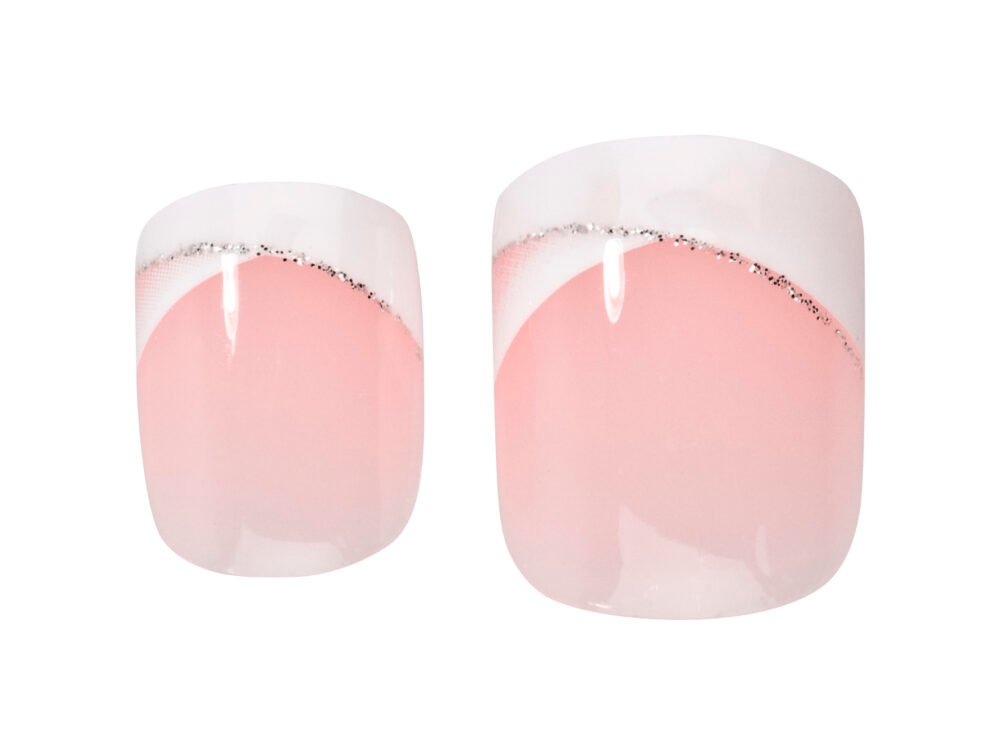 Stylish pink ombre nail art design with glitter accents, featuring two nail tips showcasing a smooth gradient effect.