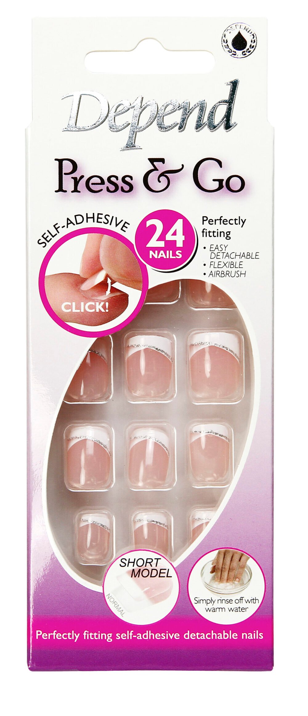 Depend Press & Go self-adhesive nails in a pack, featuring 24 perfectly fitting short model nails for easy application and removal.