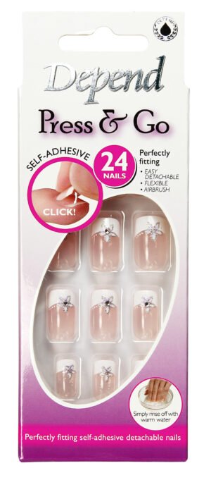 Depend Press & Go self-adhesive nails set featuring 24 flexible and detachable nails with an airbrush finish and decorative design.