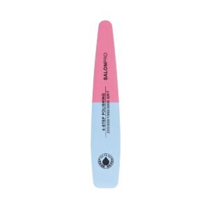 SalonPro 4-step polishing file for nails, featuring a pink and blue design with grit levels for smooth nail finishing.