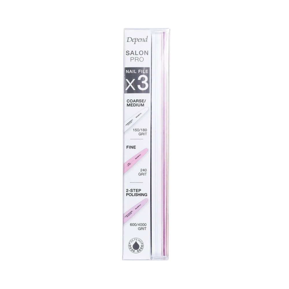 Depend Salon Pro Nail File Set includes three files with different grits for nail care, featuring coarse, medium, and fine options.