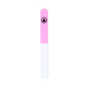 Pink and white nail file featuring a logo, designed for nail care and grooming, suitable for personal or professional use.