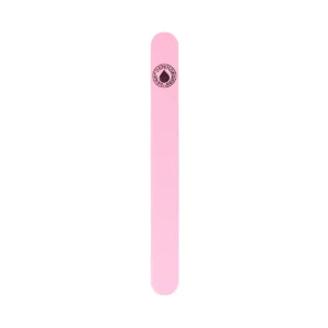 Pink nail file featuring a logo, ideal for nail care and grooming, made from durable materials for effective filing.