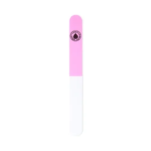 Pink and white nail file with logo for nail care and grooming, ideal for shaping and smoothing nails.