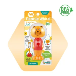 Pearly White kids toothbrush featuring a lion design, BPA-free, extra soft bristles, suitable for ages 3 and up.