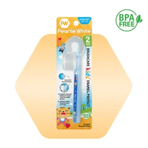 Pearlie White kids toothbrush with extra soft bristles for gentle cleaning, suitable for children aged 2 years and older, BPA free.