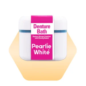 Pearlie White denture bath container with rinsing basket for effective denture cleaning and storage, designed for convenience and hygiene.