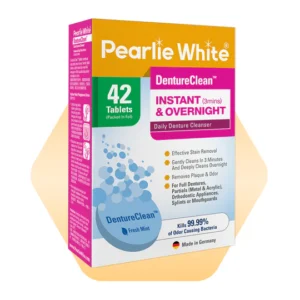 Pearlie White DentureClean Instant and Overnight Tablets, 42 count, effective denture cleanser for fresh breath and stain removal.