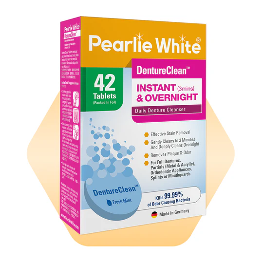 Pearlie White DentureClean Instant and Overnight Tablets, 42 count, effective denture cleanser for fresh breath and stain removal.