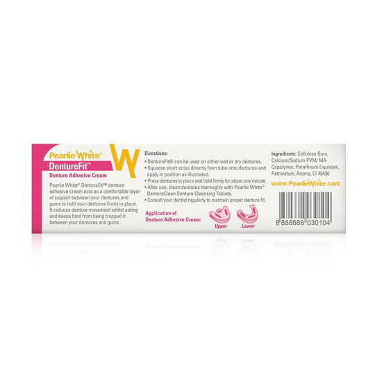 Pearlie White DentureFit denture adhesive cream for secure hold, designed for upper and lower dentures, easy application, and long-lasting support.