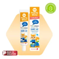 Pearlie White kids toothpaste with fluoride, enamel safe, featuring a playful cartoon character on the packaging, suitable for children aged 2 years and up.