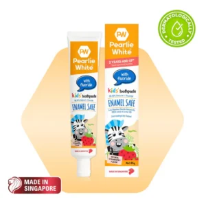 Pearlie White kids toothpaste with fluoride, 45g tube featuring a zebra design, enamel safe for children aged 2 years and up.