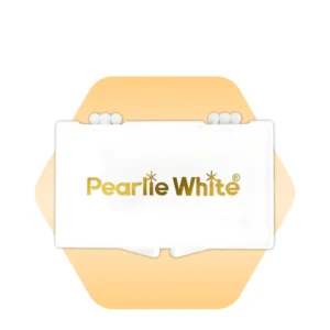 Pearlie White logo on a white background, featuring gold lettering and a hexagonal shape, representing a dental care brand.