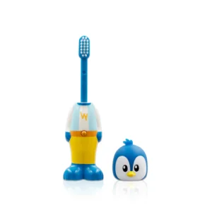 Children's toothbrush with penguin design, featuring a blue handle and removable penguin head for fun brushing experience.