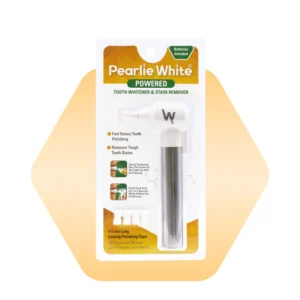 Pearly White powered tooth whitener and stain remover with batteries included, featuring fast rotary polishing and extra long polishing cups.