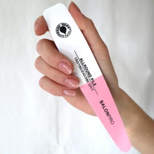 SalonPro All-Round Nail File held in hand, featuring 150/180 grit for effective nail shaping and smoothing.