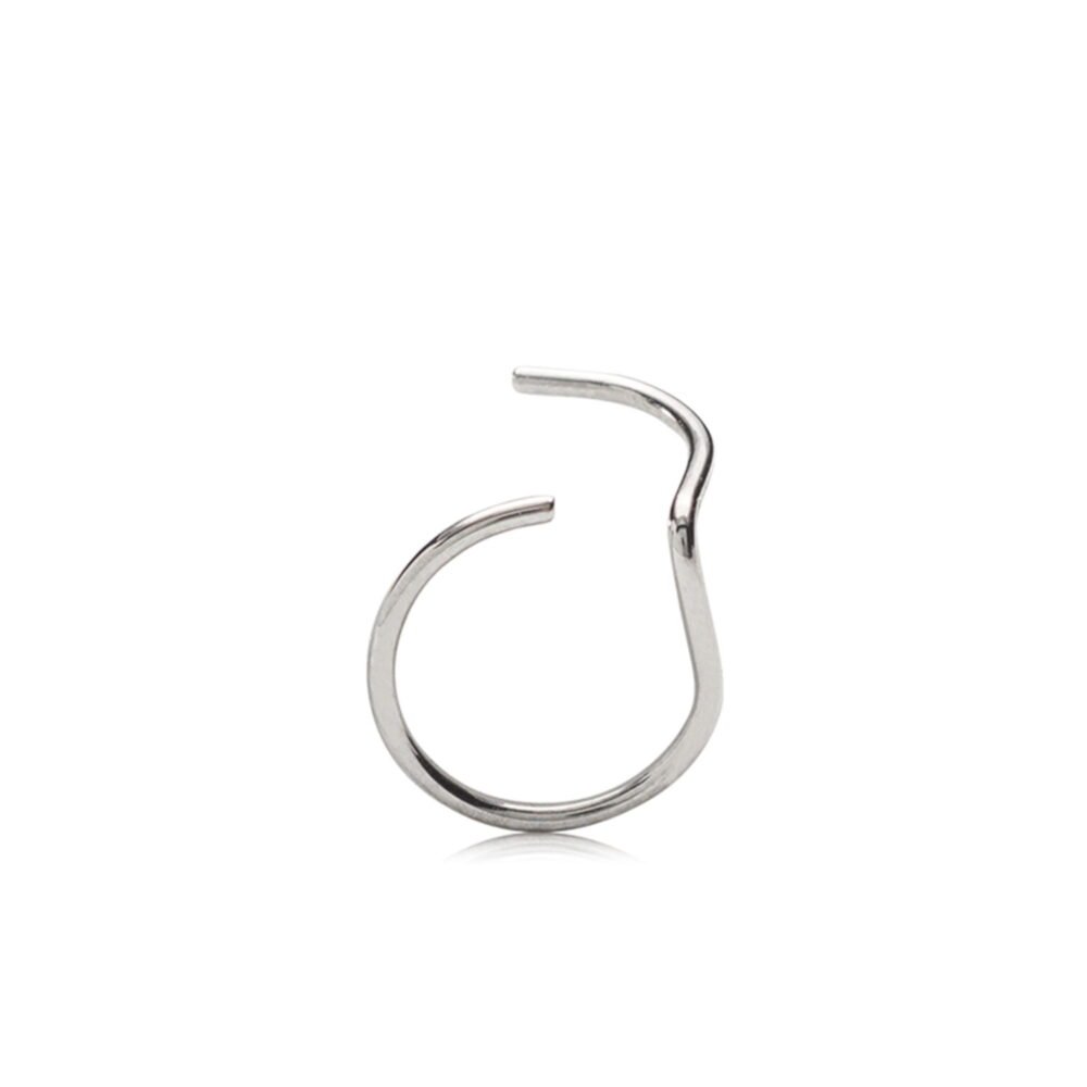 Silver metal hook ring with a sleek design, ideal for jewelry making and crafting projects, featuring a unique open loop structure.